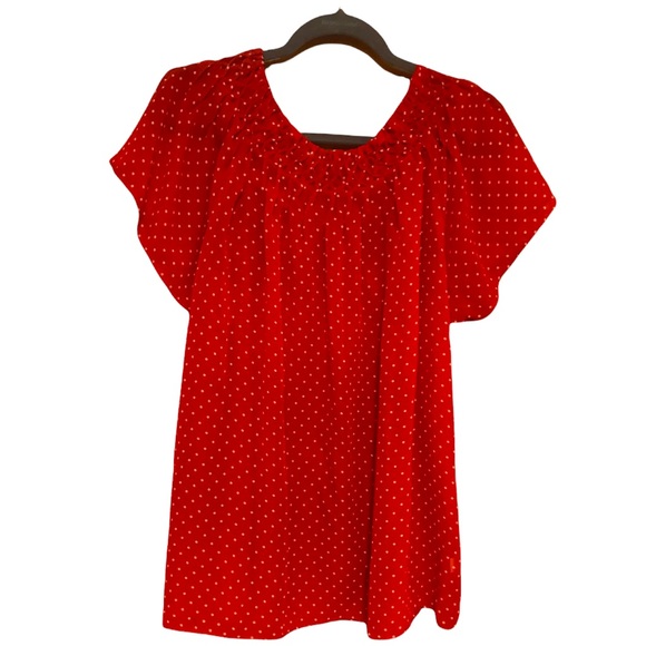 Trulli Women's Chiffon Sheer Boho Blouse, Rich Red White Polka Dots, Size Large - Picture 3 of 7